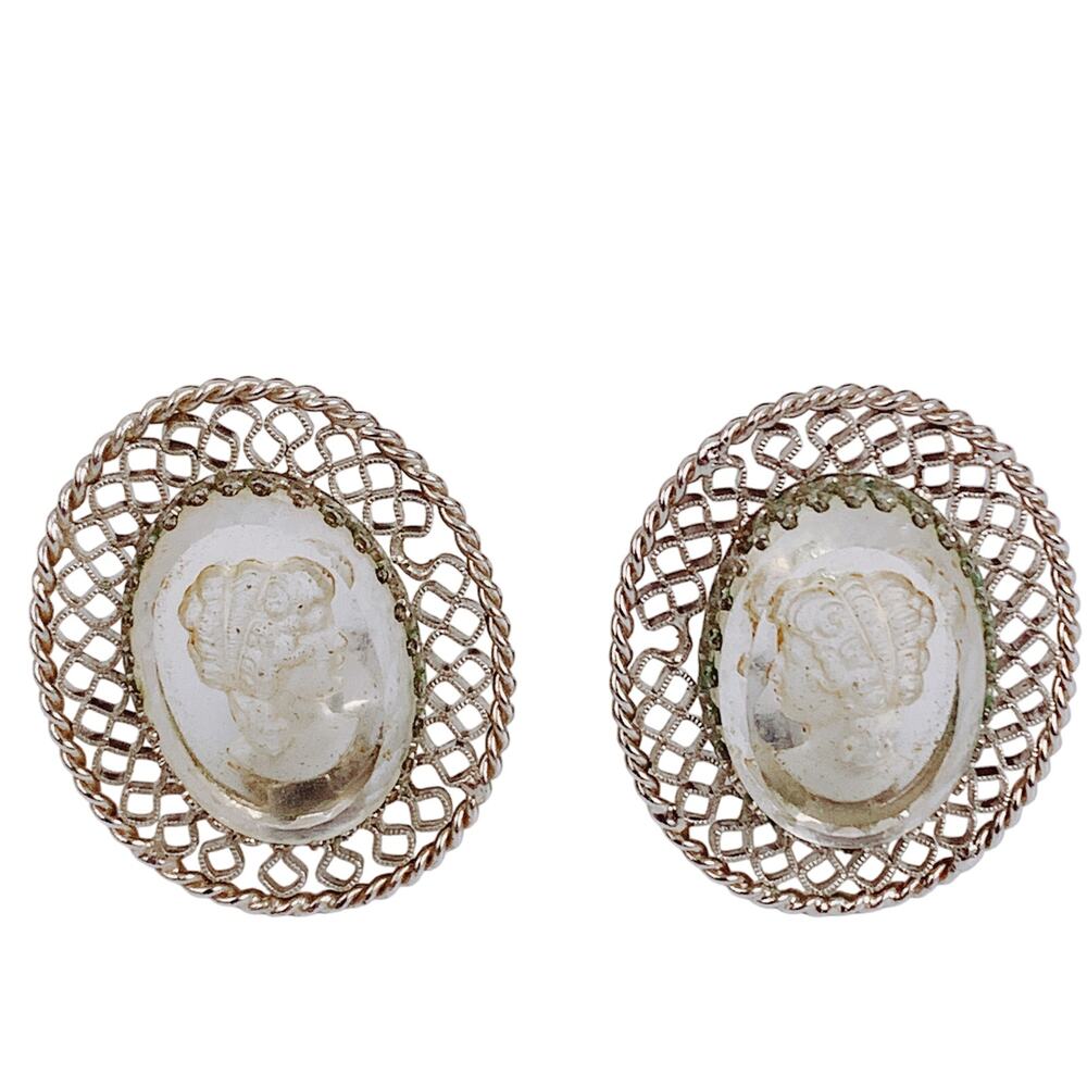 Vintage Whiting & Davis Cameo Clip-On Earrings, Filigree, 1950s Jewelry